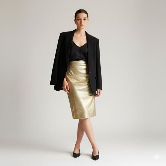 Dresses & Skirts - JOSEPH PLATA Vintage “Liquid Gold” Metallic Pencil Skirt | Best Fit M